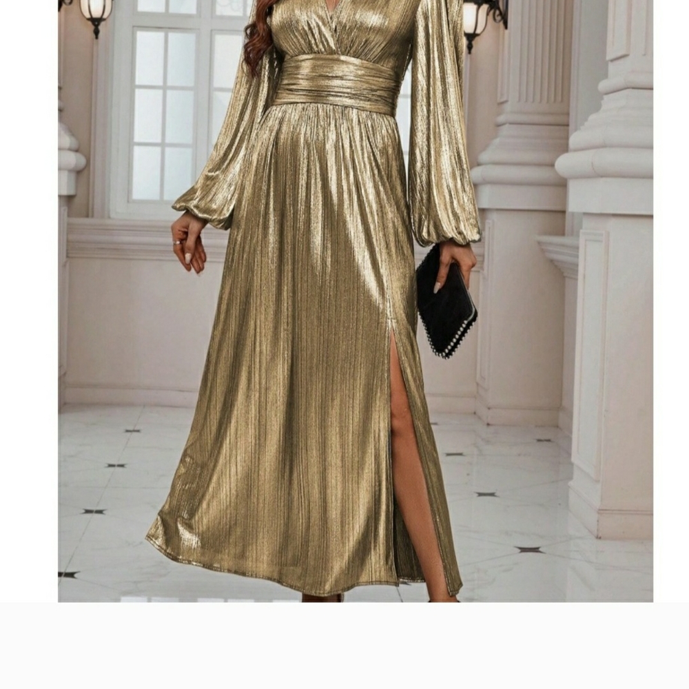 BellanBlue Gold Maxi Dress with Long Sleeves